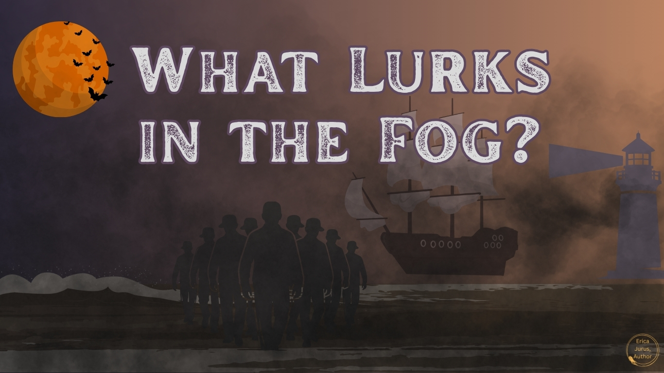 Rising fog obscures a lighthouse, a wrecked ship, and dark figures approaching.