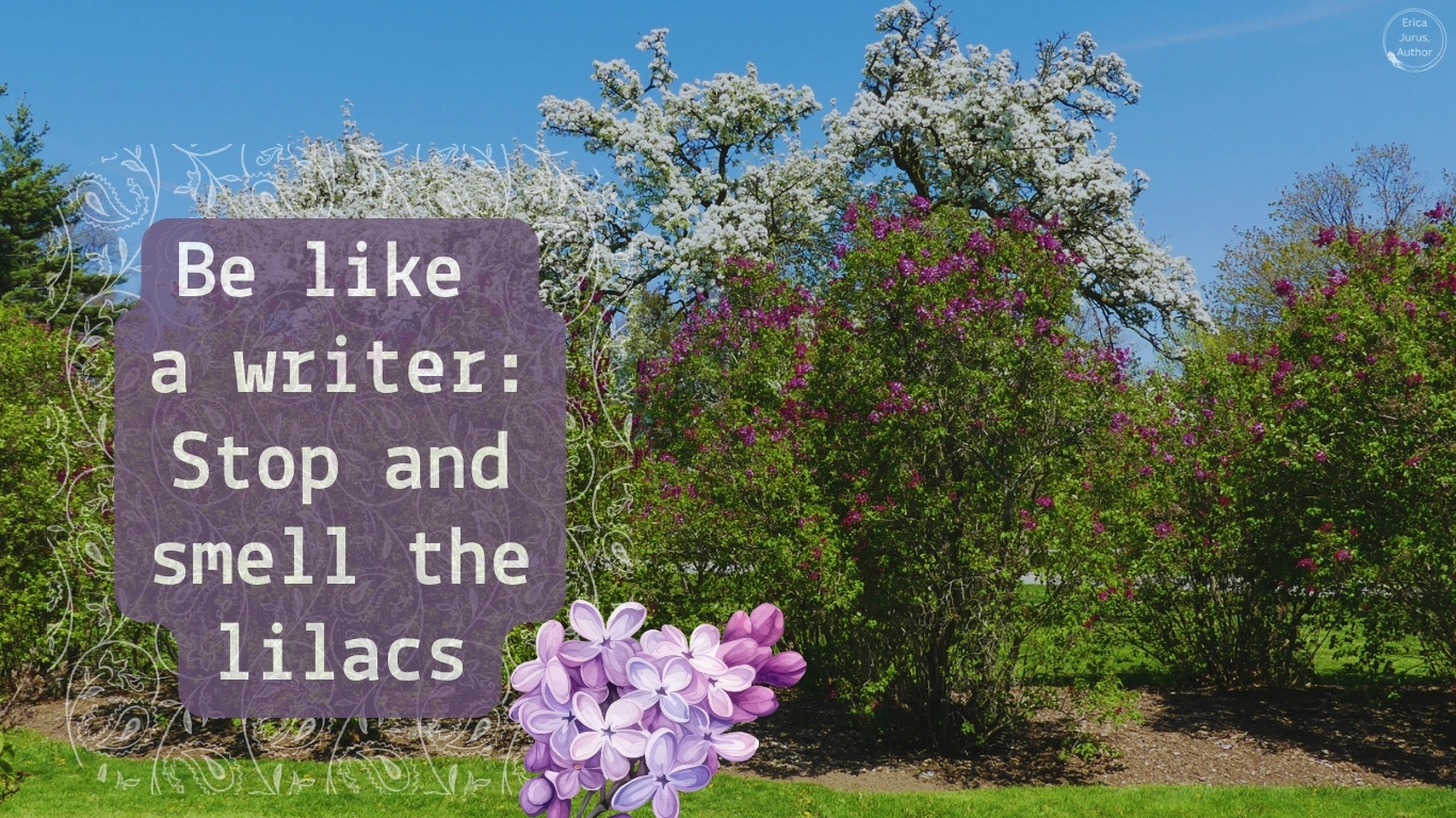 Lilac bushes in a garden. Text: Be like a writer: stop and smell the lilacs