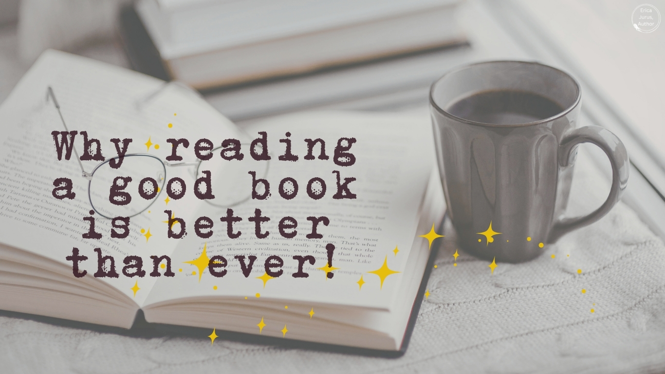 An open book, a pair of glasses, a mug of hot beverage.
