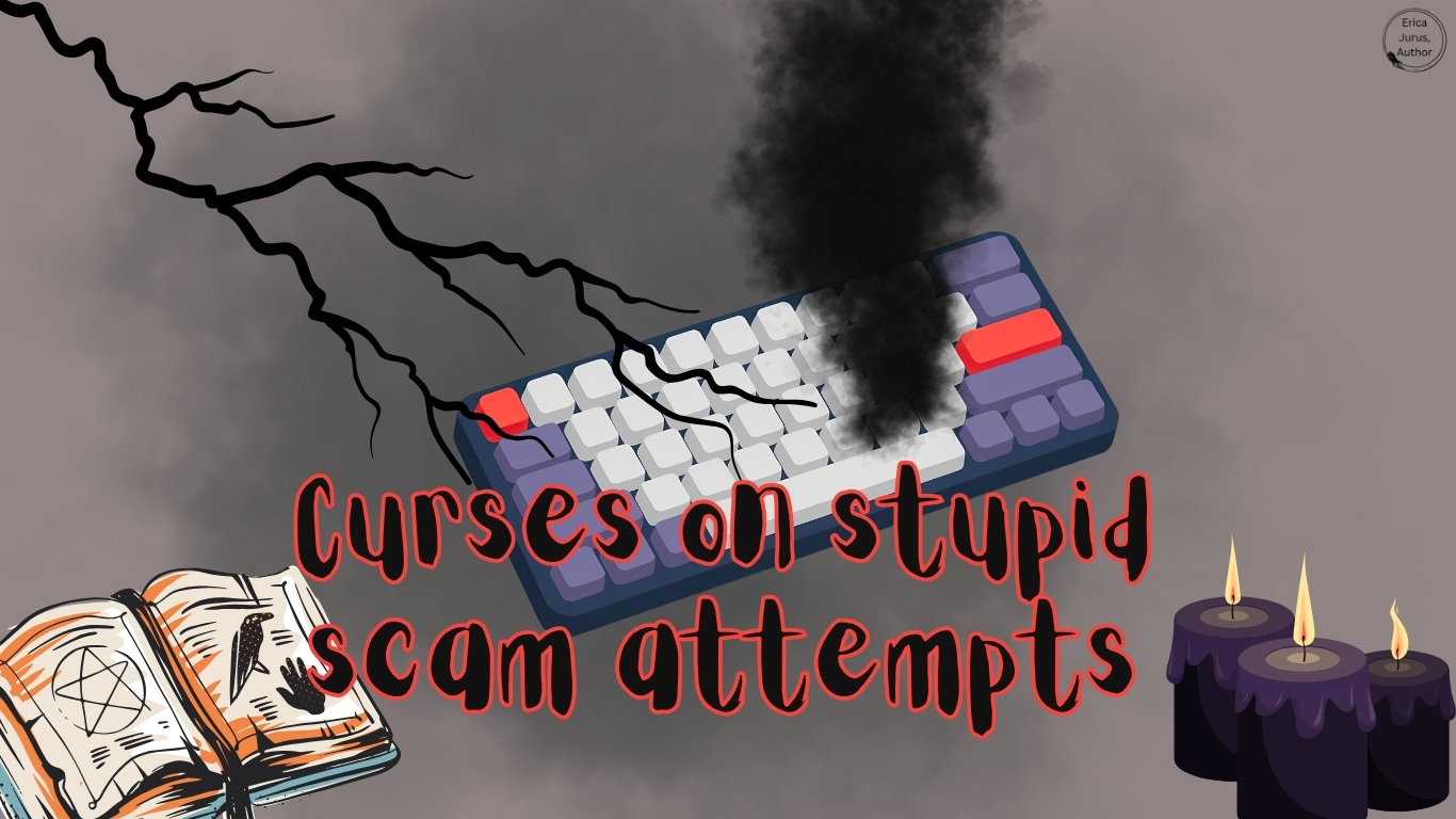 A keyboard being hit by lightning and beginning to smoke. Hex book and black candles.