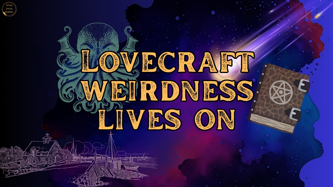 A lurid cosmic night sky, with a meteor arriving. Alien entity Cthulhu lurking in the background. A copy of the infamous Necronomicon grimoire, and a fishing town on the bottom left.